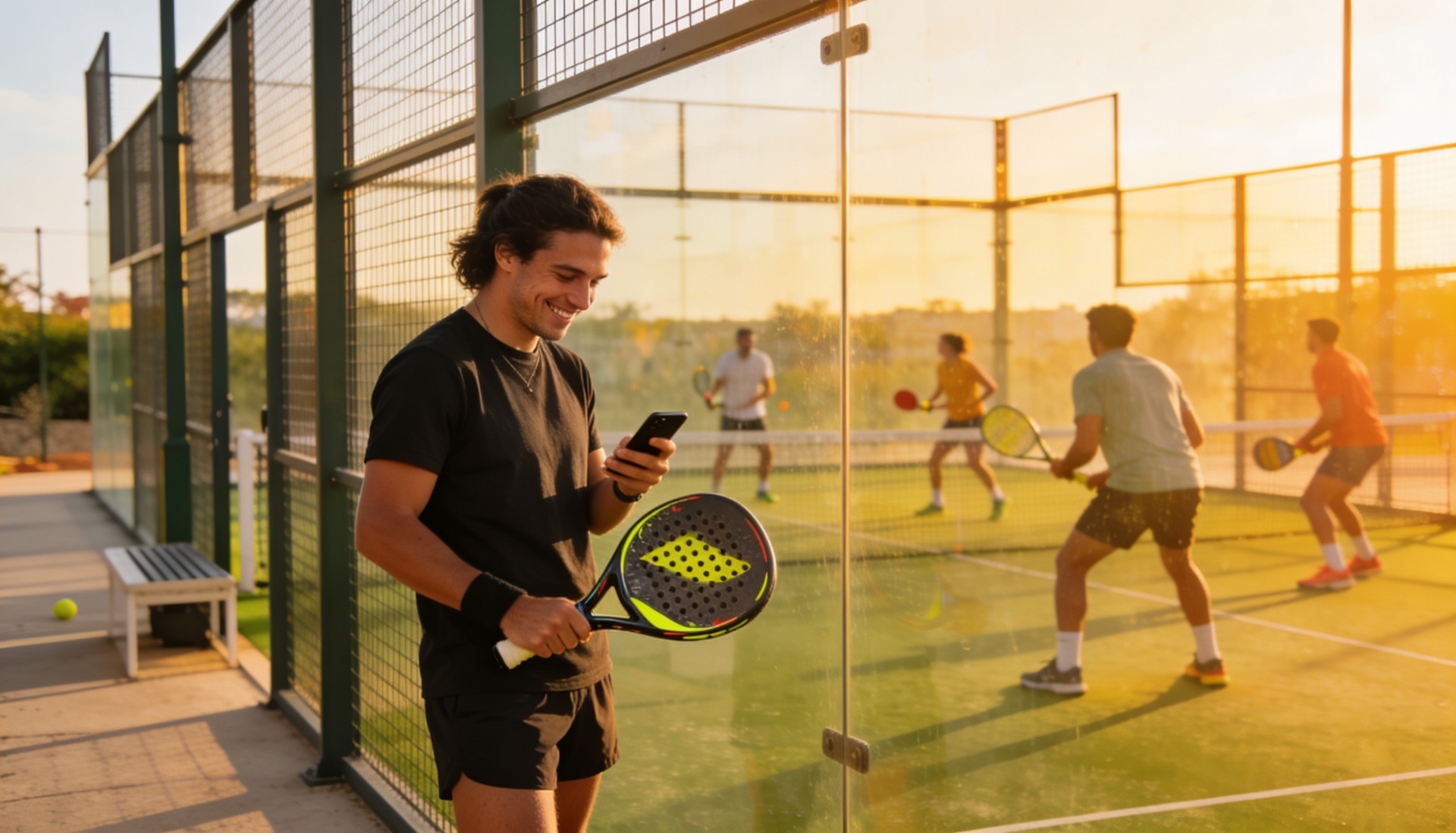 Padel player smiling at the Playy app courtside in Dubai