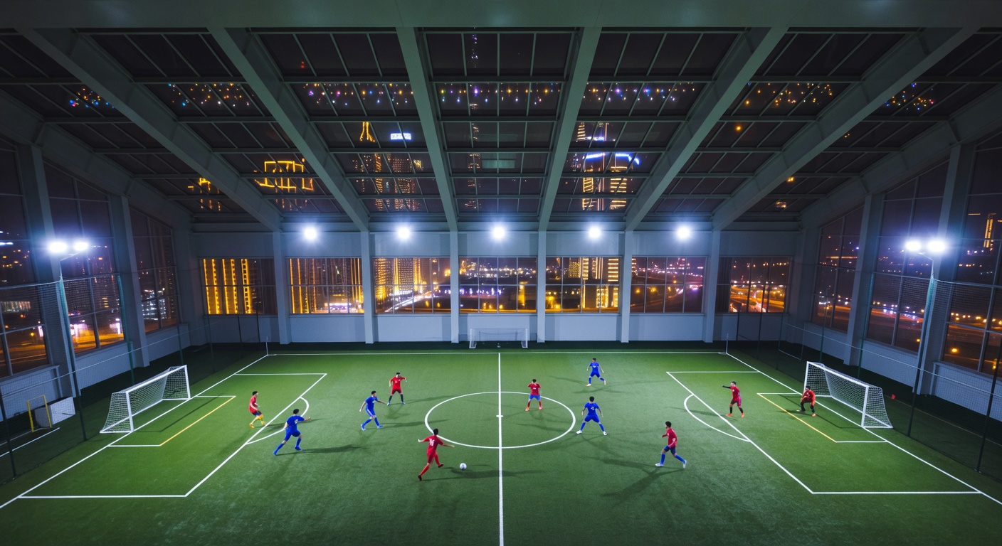 Indoor 5-a-side football pitch in Dubai at night with city skyline visible through the windows