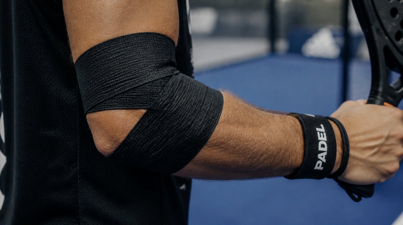 Close-up of a padel player's elbow wrapped in black support tape while holding a racket on a blue court