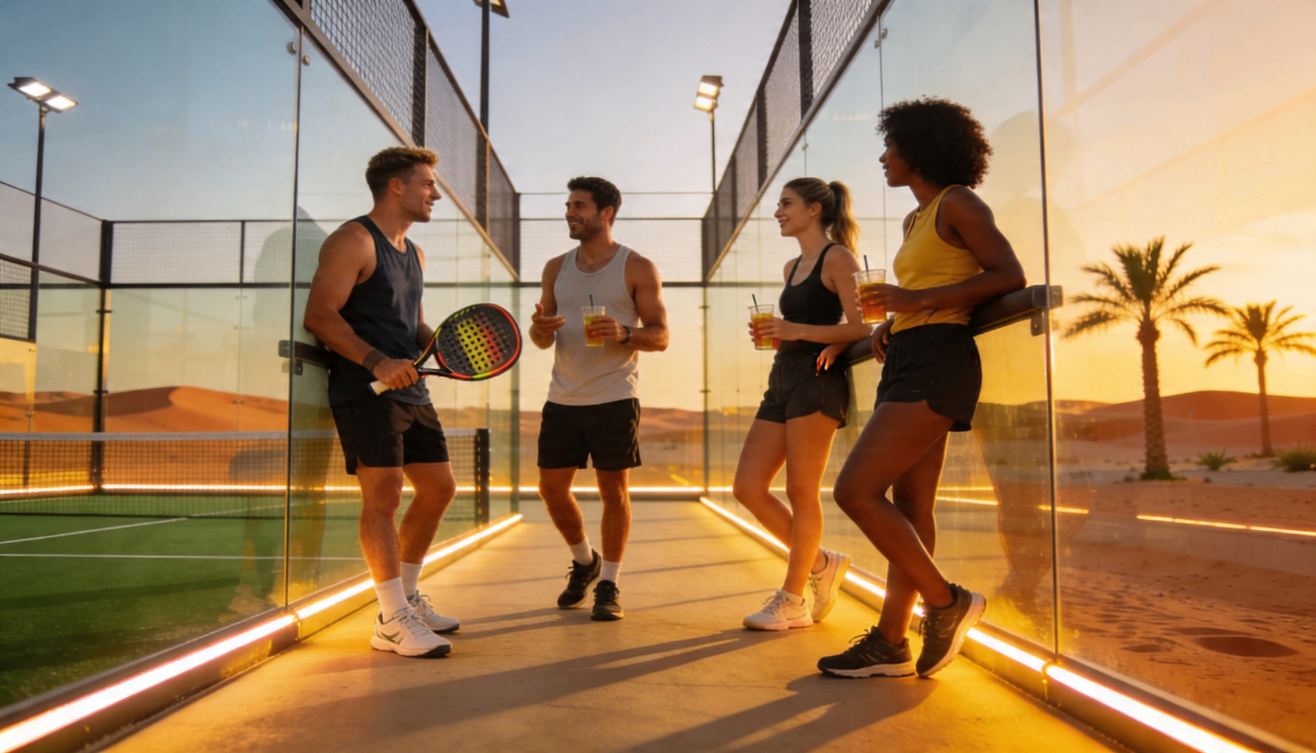Friends socialising on a padel court at sunset after an Americano session in Dubai