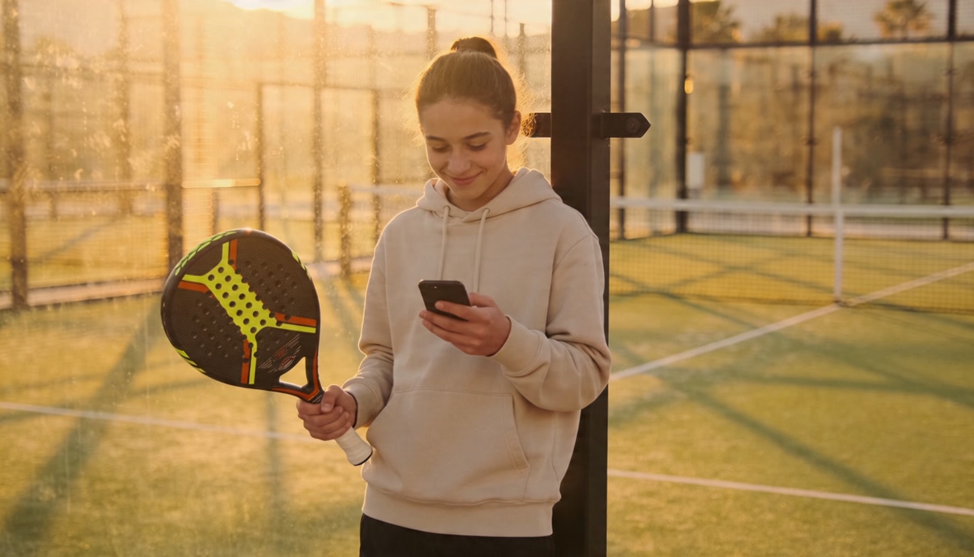Padel player checking the Playy app on her phone courtside
