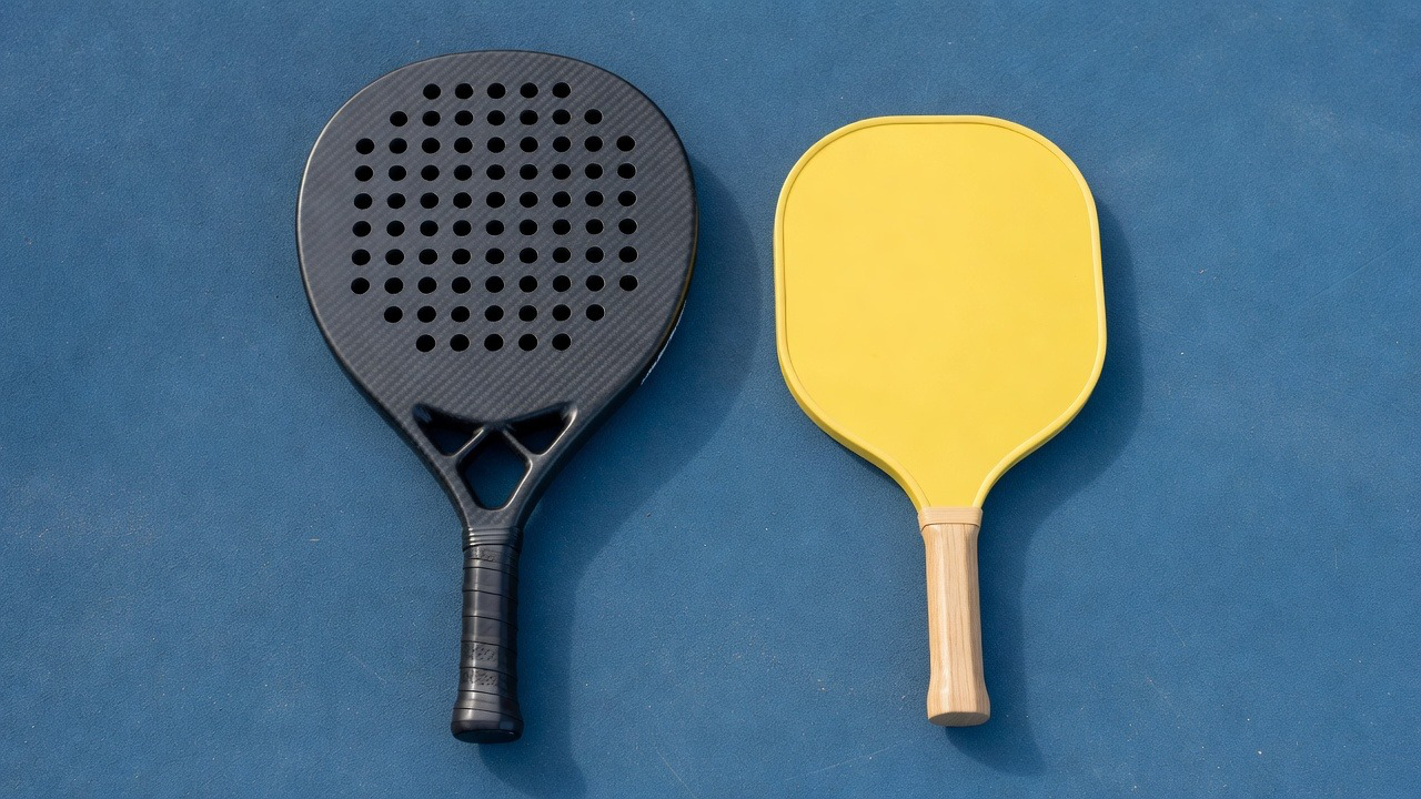 Padel racket and pickleball paddle side by side on a blue court surface