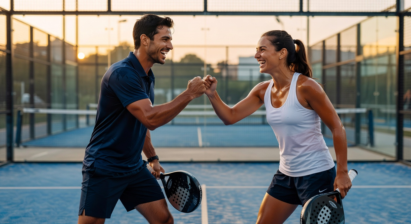 Two padel players fist-bumping on court after a point