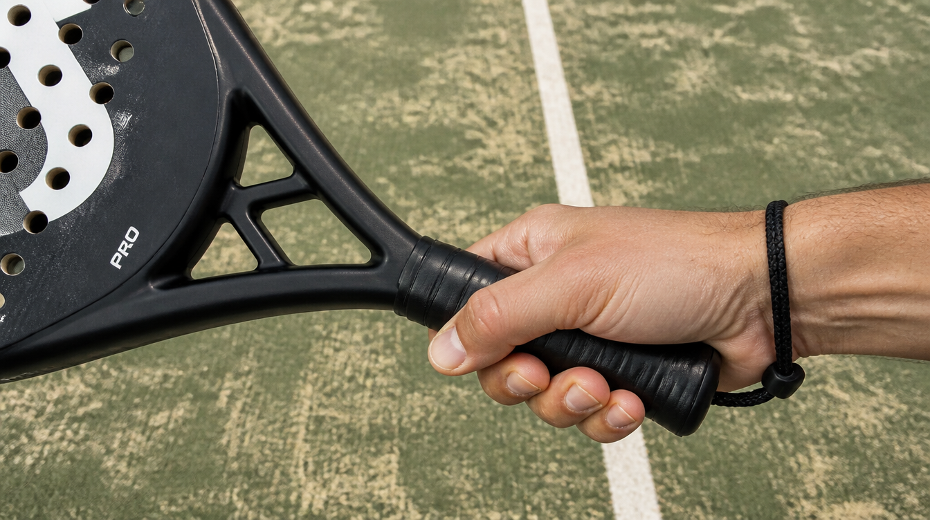 Close-up of a player holding a padel racket with a continental grip