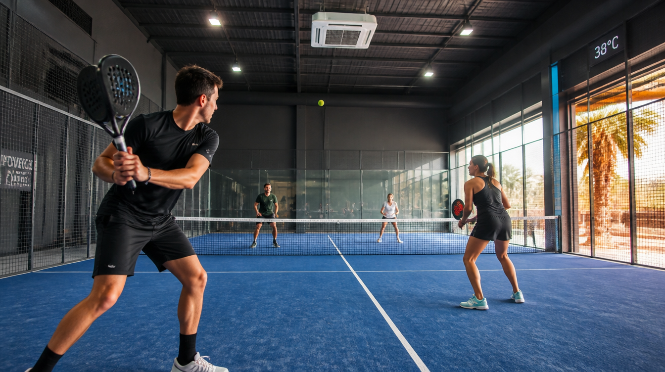 Players in an indoor air-conditioned padel court in Dubai during summer