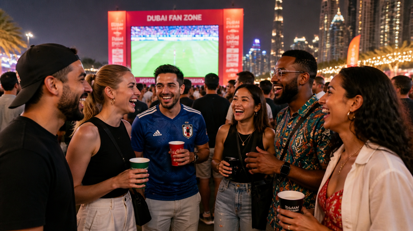Group of friends laughing together at a Dubai Fan Zone with the Burj Khalifa skyline in the background