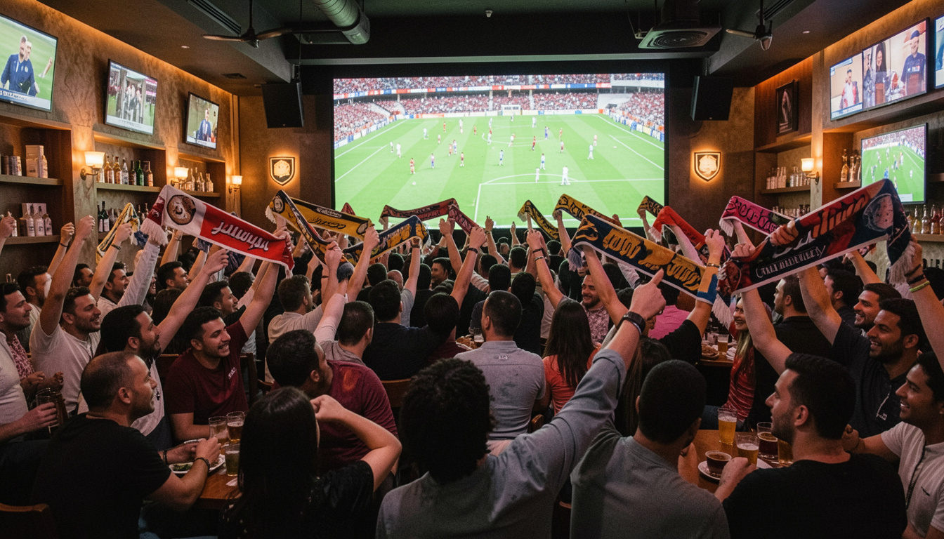 Fans waving scarves inside a packed Dubai sports bar watching a World Cup match on a big screen